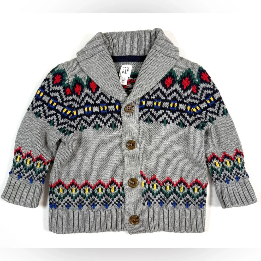 BABY GAP Cardigan Sweater 6-12M Fair Isle Animal Print Grandpacore Shawl Collar‎